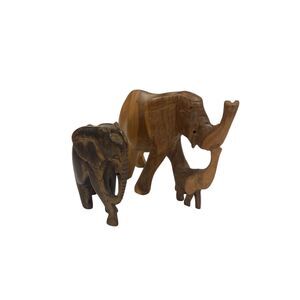 Set of 2 Hand Carved Wood Elephant Figurines Dark Wood Light Wood PLEASE READ